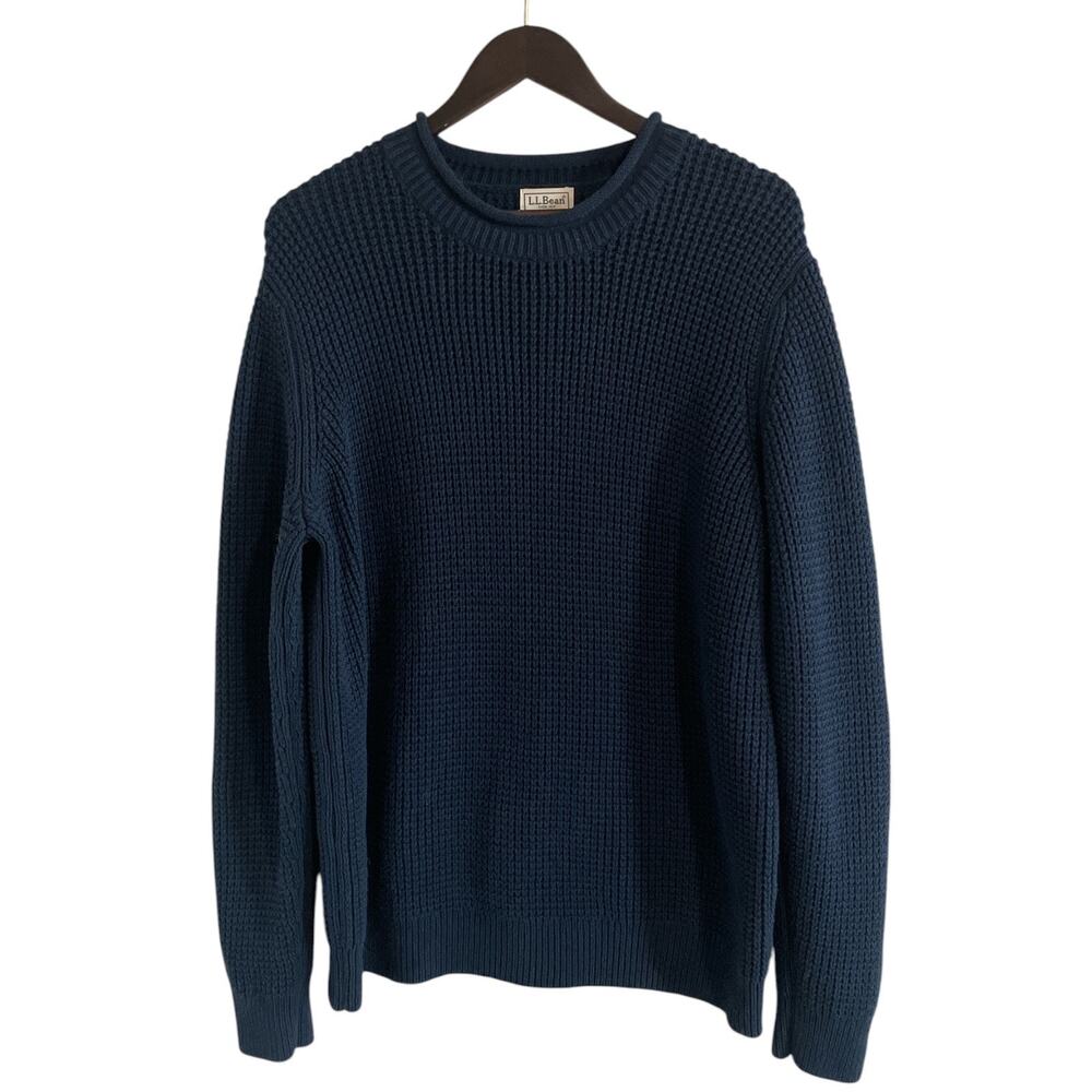 L.L.Bean Mens Organic Cotton Waffle Knit Rollneck Sweater Size XL Blue Fisherman